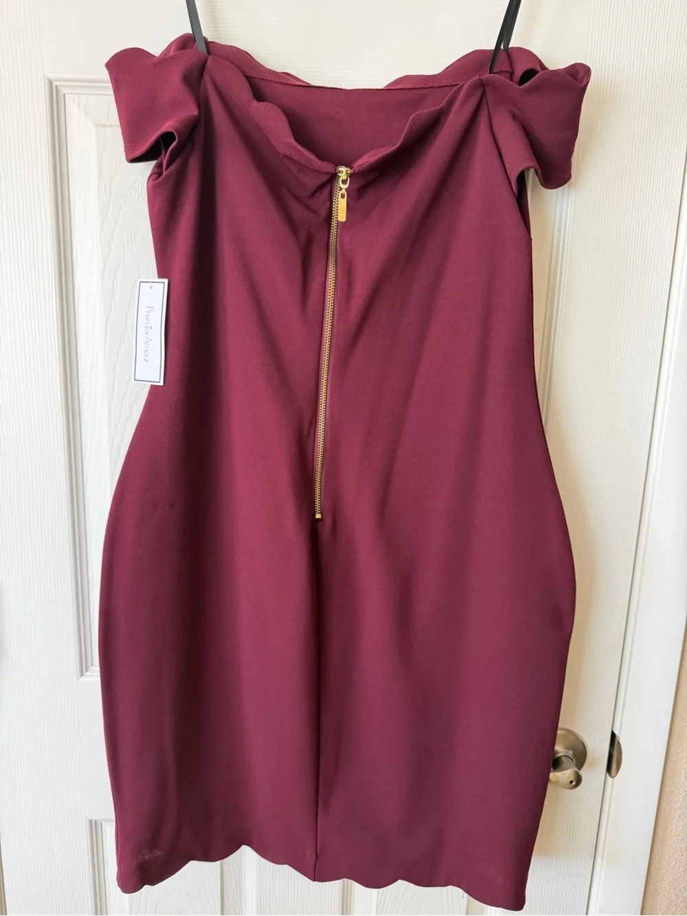 Premier Amour Elegant Scallop Neck Burgundy Midi Dress